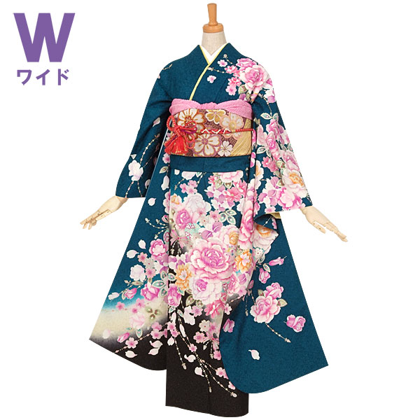 r529　青緑　牡丹とリボン☆(絹)