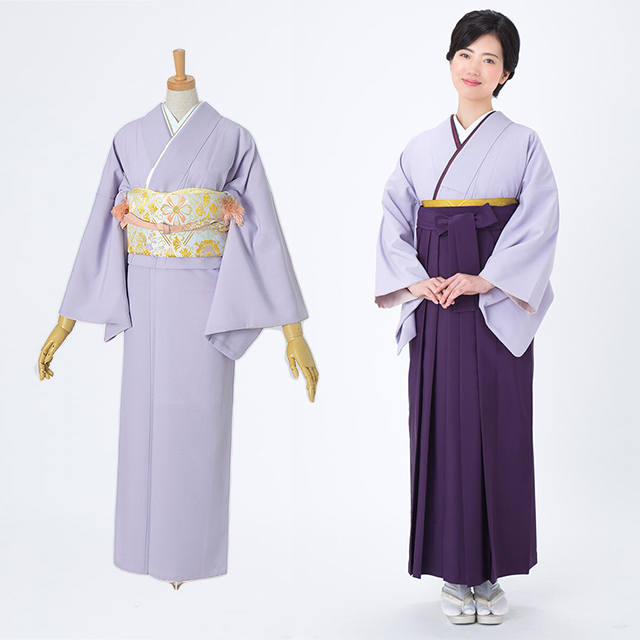 左が色無地着物スタイル、左が色無地袴スタイル。