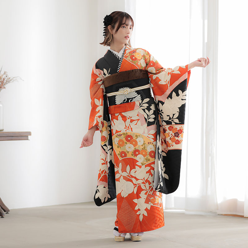 r2027　オレンジ×黒　扇面に橘