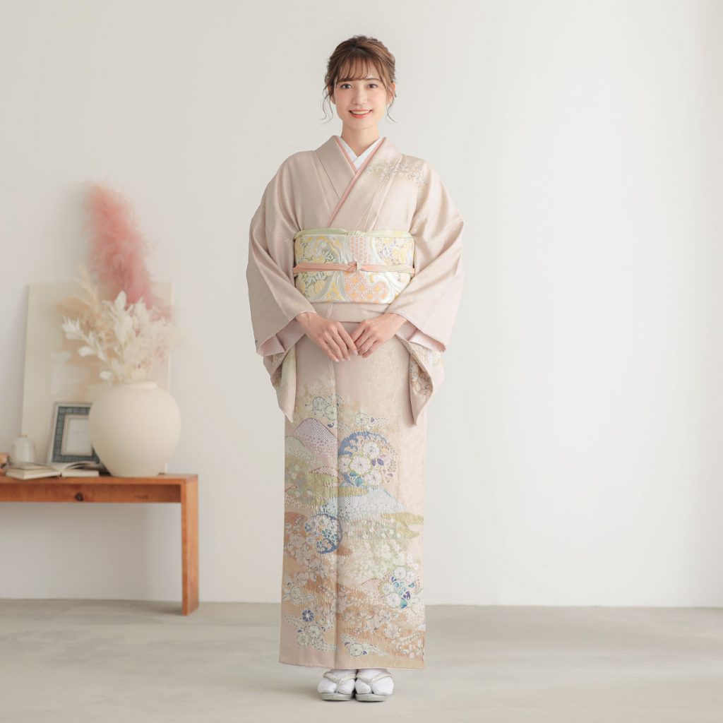 H1042 桂由美薄ピンク 金通し 辻が花風 花丸文疋田遠山