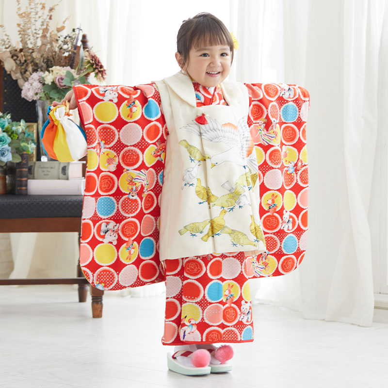 k061　モダンアンテナ【三歳女児被布】黄色×赤　鳩とレトロ柄