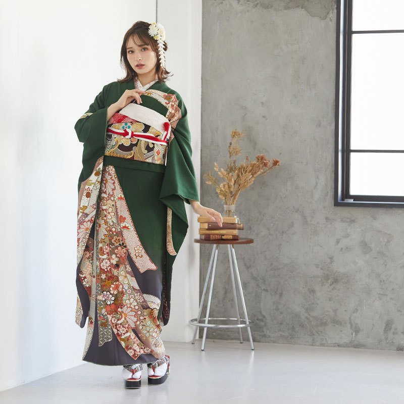 r674深緑 熨斗に菊文☆(絹)(宅)