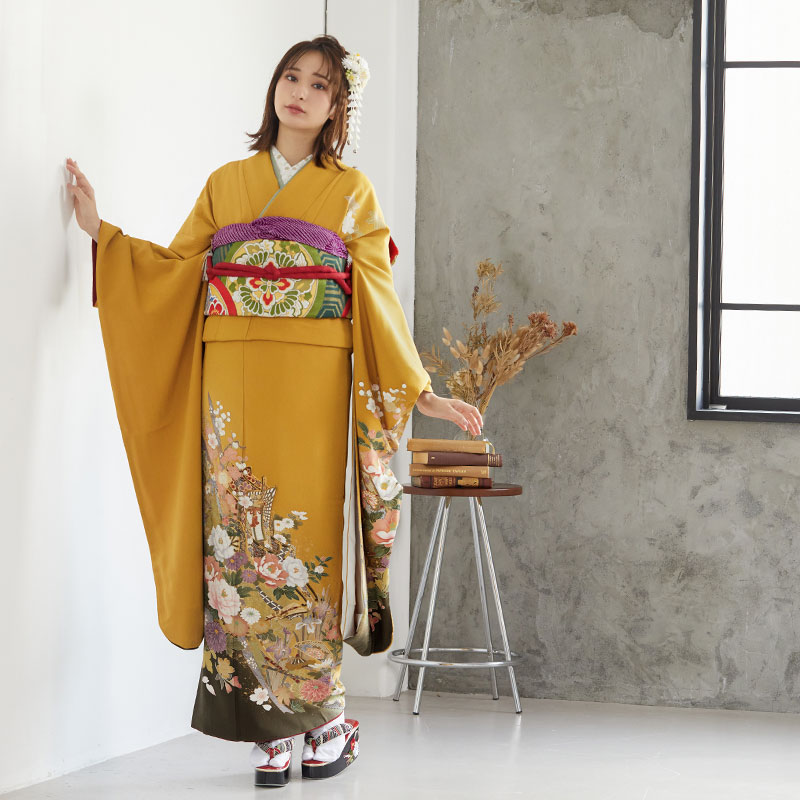 r964金茶 御所車に四季の花☆(絹)