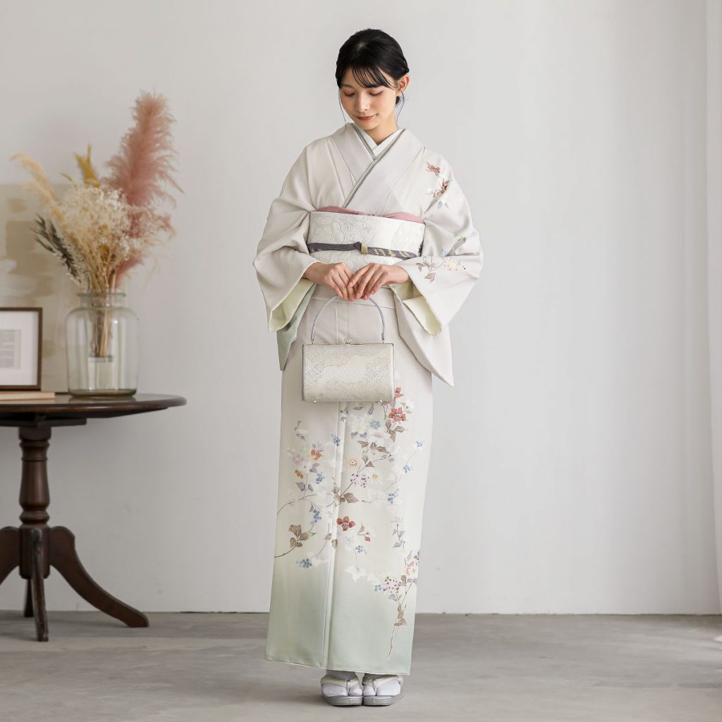 H1423 薄グレー×グリーンぼかし 草花