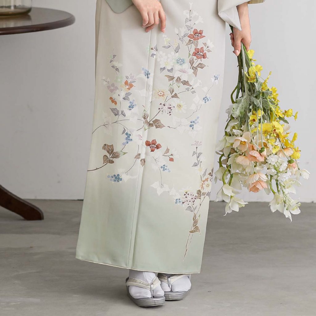 H1423 薄グレー×グリーンぼかし 草花