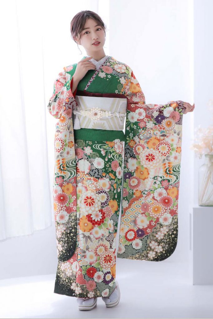 R2096 緑 雪輪に流水花