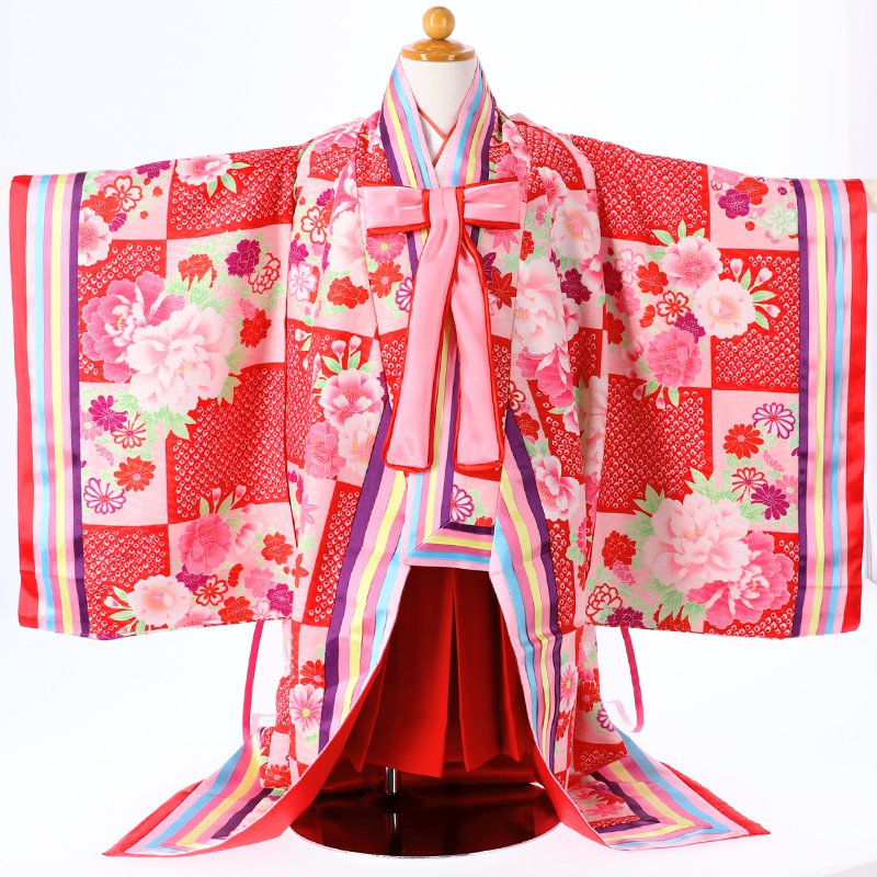 BK001ジャパンスタイル 十二単風 赤市松牡丹×赤無地