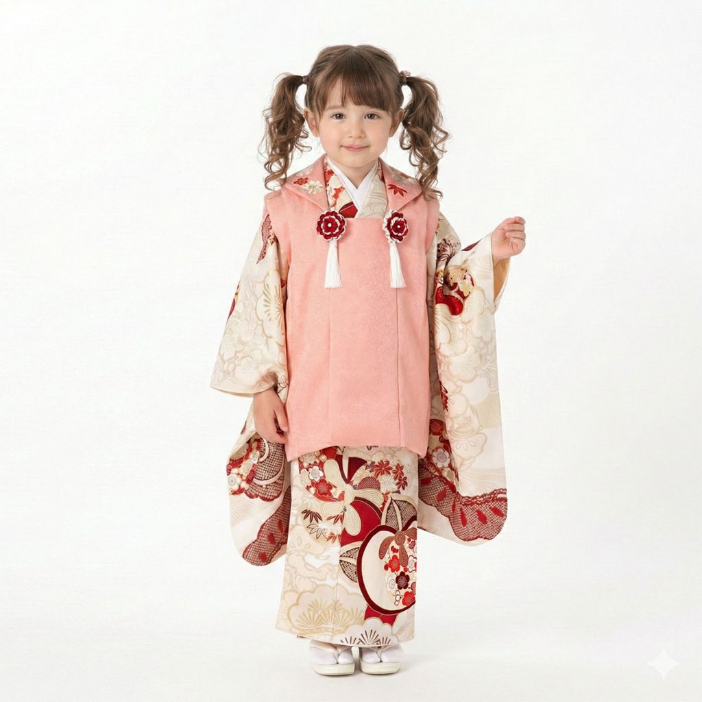 K257 紅一点【正絹】サーモンピンクx白赤松竹梅に橘